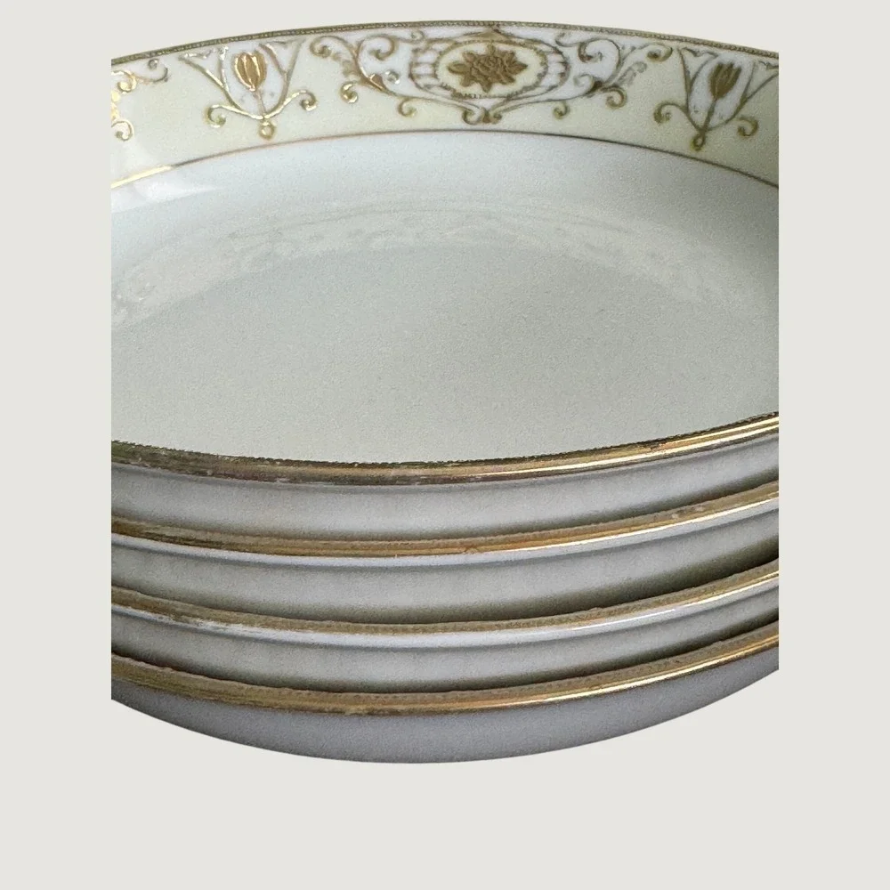 Four Vintage Noritake Christmas Ball 175 Gold Scroll Floral 7.5